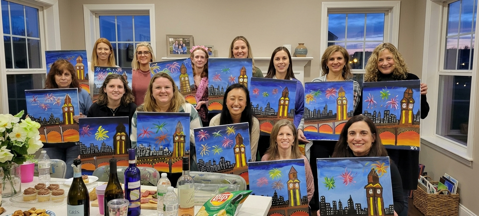 Adult guests displaying colorful finished cityscape paintings