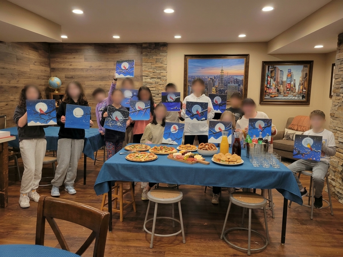 Birthday party guests proudly showing their finished winter bird paintings