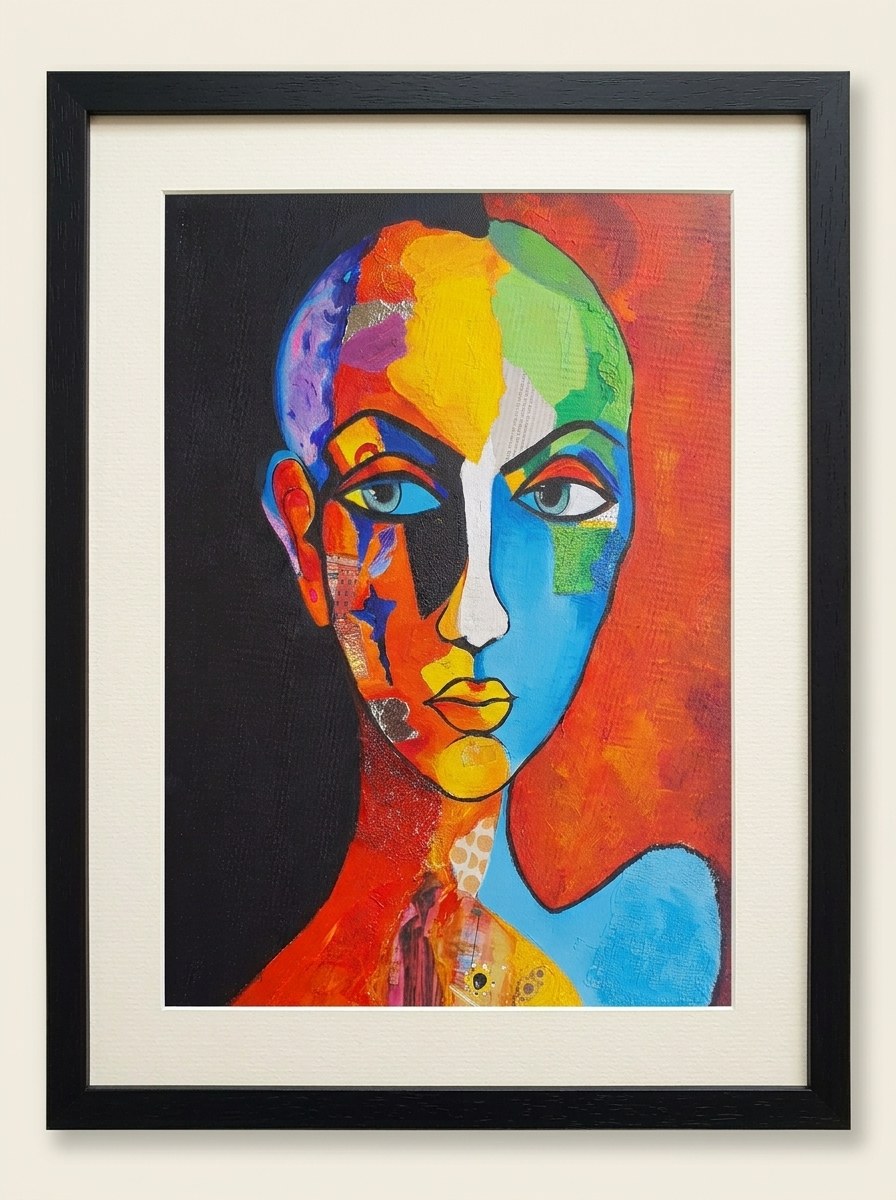 Framed multicolored geometric portrait of a woman