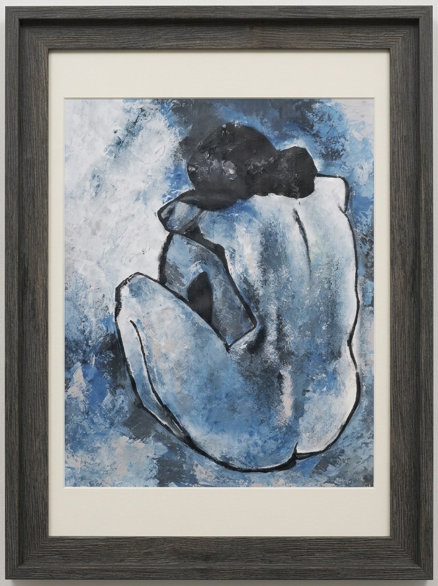 Framed seated figure in shades of blue