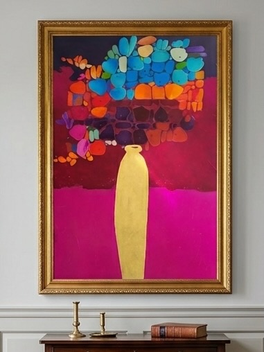 Framed gold vase painting displayed above a console
